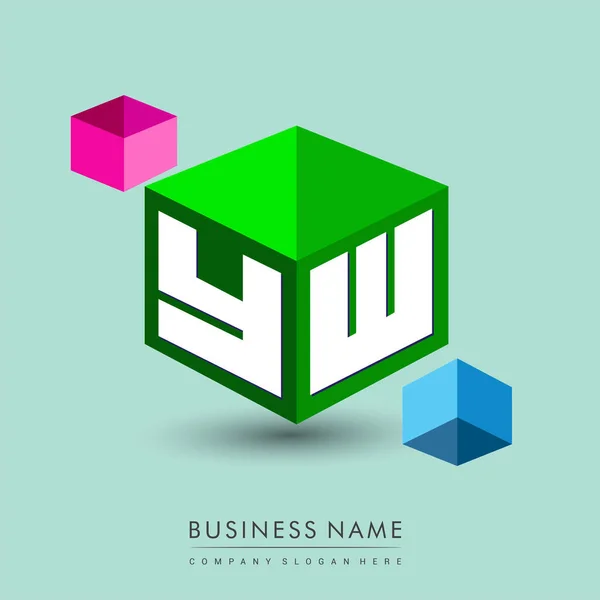 六边形绿色背景字母Yw标识 带有公司标识字母设计的立方体标识 — 图库矢量图片