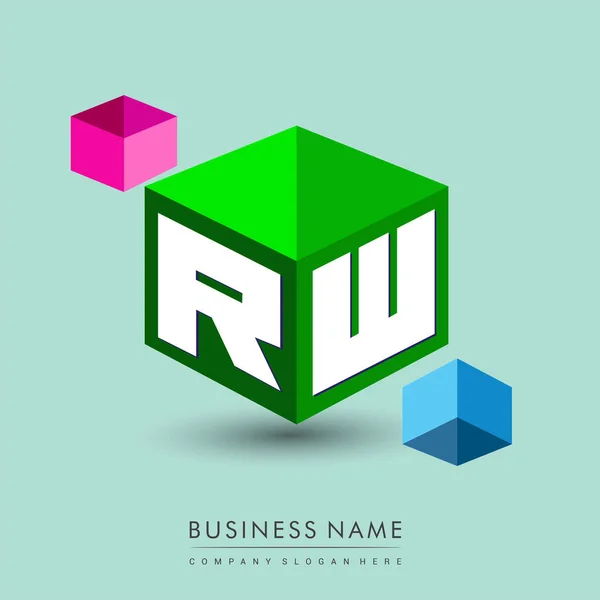 六边形绿色背景的字母Rw标识 带有公司标识字母设计的立方体标识 — 图库矢量图片