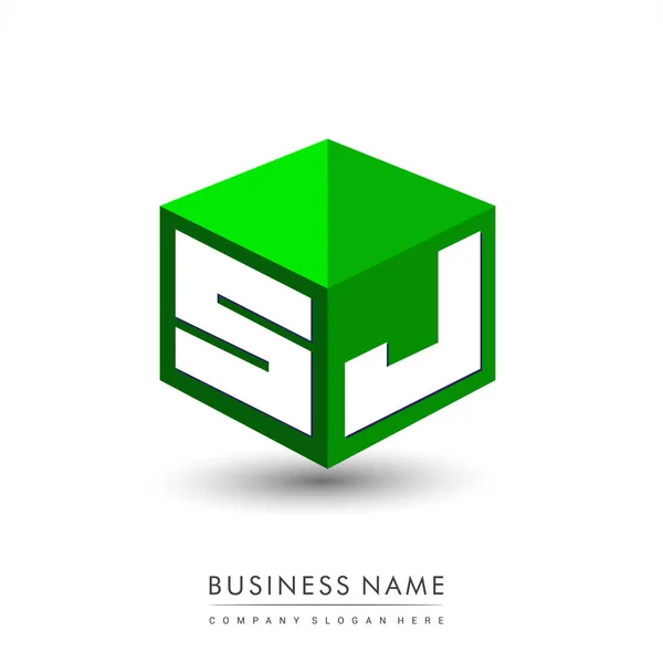 六角形と緑の背景に文字Sjロゴ 会社のアイデンティティのための文字デザインのキューブのロゴ — ストックベクタ