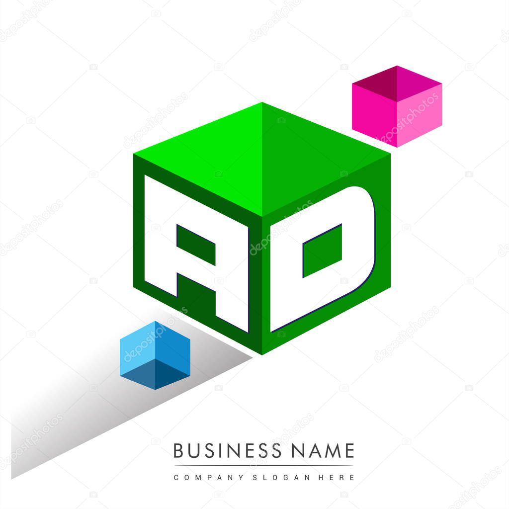 Letter AD logo in hexagon shape and green background, cube logo with letter design for company identity.