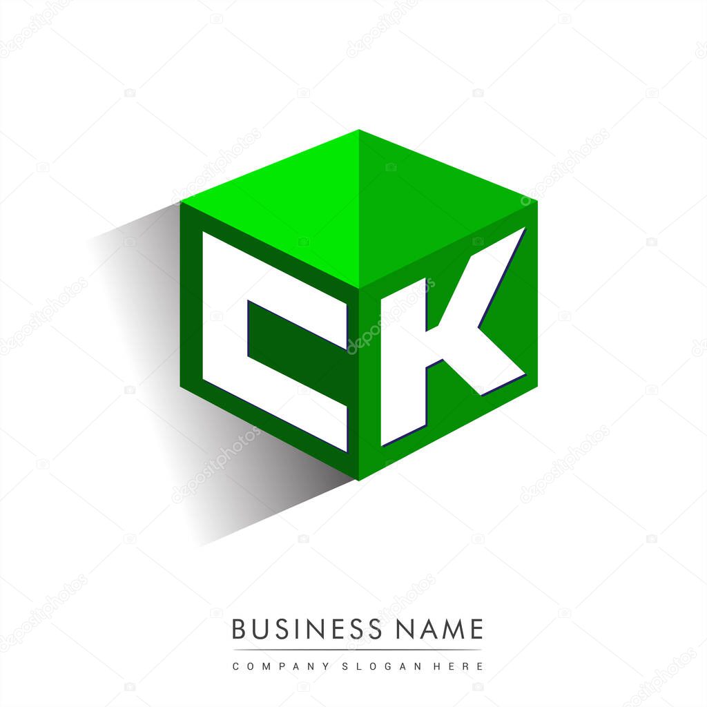 Letter CK logo in hexagon shape and green background, cube logo with letter design for company identity.