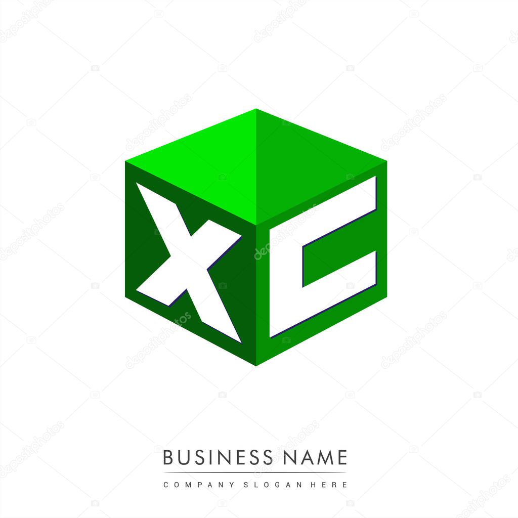 Letter XC logo in hexagon shape and green background, cube logo with letter design for company identity.
