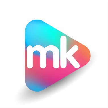 Üçgen şekilli ve renkli arkaplan içinde MK logosu, iş ve şirket kimliği için harf kombinasyonlu logo tasarımı.