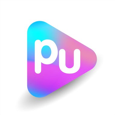 Üçgen şekilli ve renkli arkaplan içinde PU harfi logosu, iş ve şirket kimliği için harf kombinasyonu tasarımı.