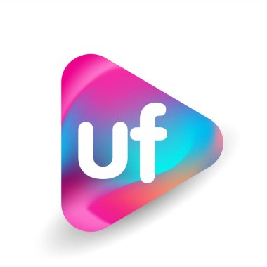 Üçgen şeklindeki UF logosu ve renkli arkaplan, iş ve şirket kimliği için harf kombinasyon logosu tasarımı.