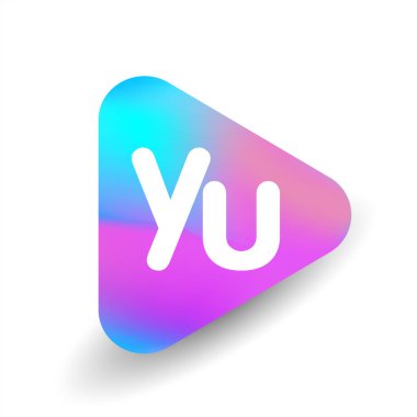 Üçgen şekilli ve renkli arkaplan içinde YU logosu, iş ve şirket kimliği için harf kombinasyonu tasarımı.