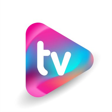 Üçgen şekilli ve renkli arkaplan içinde TV logosu, iş ve şirket kimliği için harf kombinasyonu tasarımı.