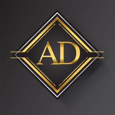 AD Harfi logosu kare şeklinde altın ve gümüş renkli geometrik süsler. İş veya şirket kimliğiniz için vektör tasarımı şablonu ögeleri.