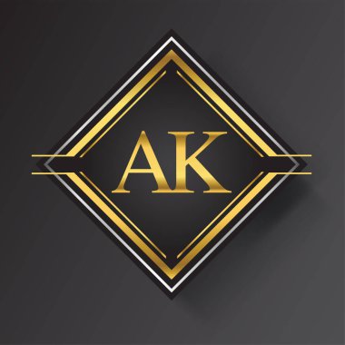 Kare şeklinde altın ve gümüş renkli geometrik süslemeli AK Harfi logosu. İş veya şirket kimliğiniz için vektör tasarımı şablonu ögeleri.