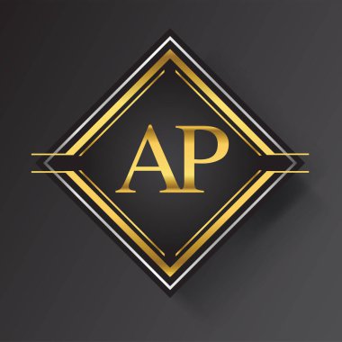 Kare şeklinde altın ve gümüş renkli geometrik süslemeli AP Harf logosu. İş veya şirket kimliğiniz için vektör tasarımı şablonu ögeleri.