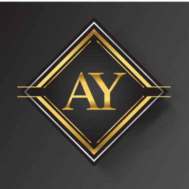 Kare şeklinde altın ve gümüş renkli geometrik süslemeli AY Harf logosu. İş veya şirket kimliğiniz için vektör tasarımı şablonu ögeleri.