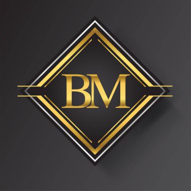 BM Harf logosu kare şeklinde altın ve gümüş renkli geometrik süsler. İş veya şirket kimliğiniz için vektör tasarımı şablonu ögeleri.