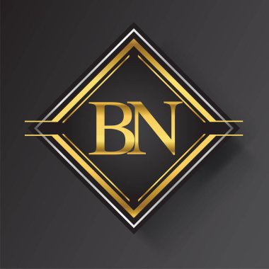 Kare şeklinde altın ve gümüş renkli geometrik süslemeli BN Harfi logosu. İş veya şirket kimliğiniz için vektör tasarımı şablonu ögeleri.