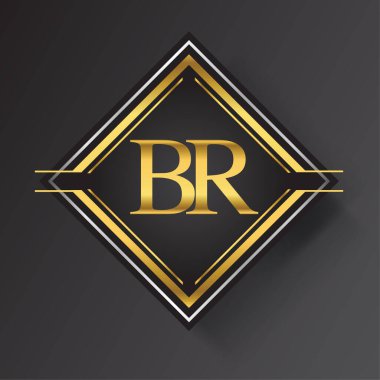 Kare şeklinde altın ve gümüş renkli geometrik süslemeli BR Letter logosu. İş veya şirket kimliğiniz için vektör tasarımı şablonu ögeleri.