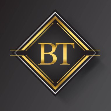 Kare şeklinde altın ve gümüş renkli geometrik süslemeli BT Letter logosu. İş veya şirket kimliğiniz için vektör tasarımı şablonu ögeleri.