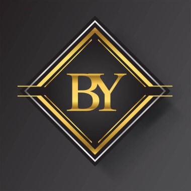 Kare şeklinde altın ve gümüş renkli geometrik süslemeli harf logosu. İş veya şirket kimliğiniz için vektör tasarımı şablonu ögeleri.