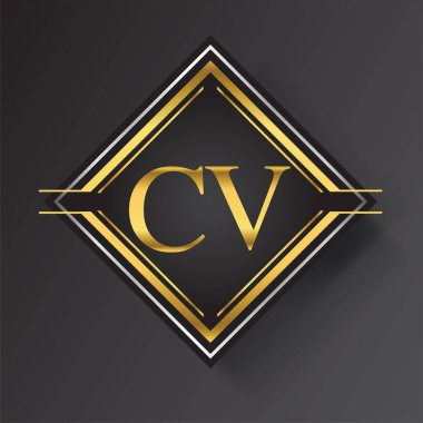 Kare şeklinde altın ve gümüş renkli geometrik süslemeli CV harfi logosu. İş veya şirket kimliğiniz için vektör tasarımı şablonu ögeleri.