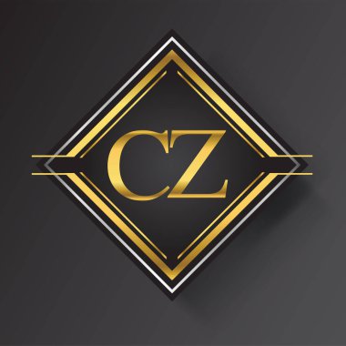 Kare şeklinde altın ve gümüş renkli geometrik süslemeli CZ Harf logosu. İş veya şirket kimliğiniz için vektör tasarımı şablonu ögeleri.
