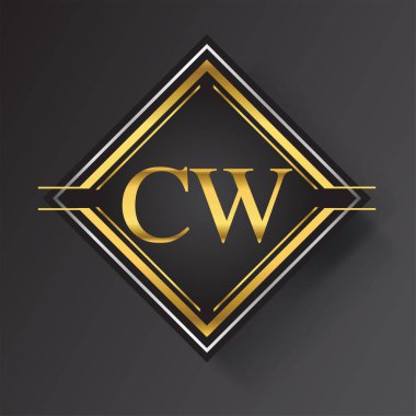 Kare şeklinde altın ve gümüş renkli geometrik süslemeli CW Harf logosu. İş veya şirket kimliğiniz için vektör tasarımı şablonu ögeleri.