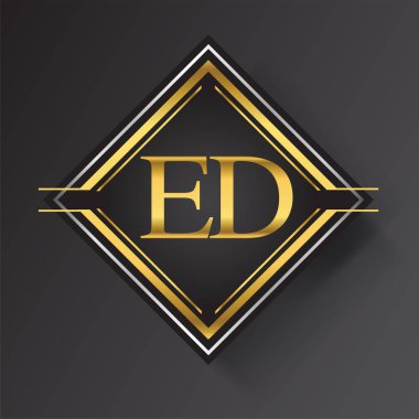 Kare şeklinde altın ve gümüş renkli geometrik süslemeli ED harfi logosu. İş veya şirket kimliğiniz için vektör tasarımı şablonu ögeleri.