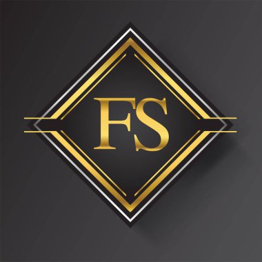 Kare şeklinde altın ve gümüş renkli geometrik süslemeli FS Letter logosu. İş veya şirket kimliğiniz için vektör tasarımı şablonu ögeleri.