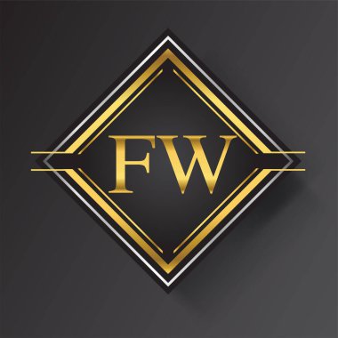 Kare şeklinde altın ve gümüş renkli geometrik süslemeli FW Harf logosu. İş veya şirket kimliğiniz için vektör tasarımı şablonu ögeleri.