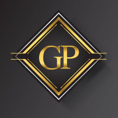 GP Harf logosu kare şeklinde altın ve gümüş renkli geometrik süsler. İş veya şirket kimliğiniz için vektör tasarımı şablonu ögeleri.