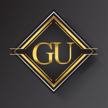 Kare şeklinde altın ve gümüş renkli geometrik süslemeli GU Harf logosu. İş veya şirket kimliğiniz için vektör tasarımı şablonu ögeleri.