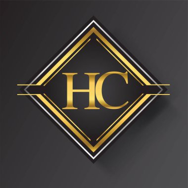 Kare şeklinde altın ve gümüş renkli geometrik süslemeli HC Harf logosu. İş veya şirket kimliğiniz için vektör tasarımı şablonu ögeleri.