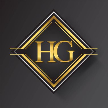 Kare şeklinde altın ve gümüş renkli geometrik süslemeli HG Harf logosu. İş veya şirket kimliğiniz için vektör tasarımı şablonu ögeleri.