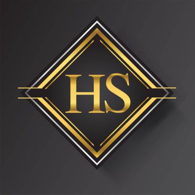 HS Harf logosu kare şeklinde altın ve gümüş renkli geometrik süsler içeriyor. İş veya şirket kimliğiniz için vektör tasarımı şablonu ögeleri.
