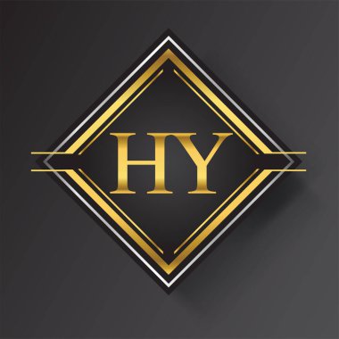 Kare şeklinde altın ve gümüş renkli geometrik süslemeli HY Harf logosu. İş veya şirket kimliğiniz için vektör tasarımı şablonu ögeleri.