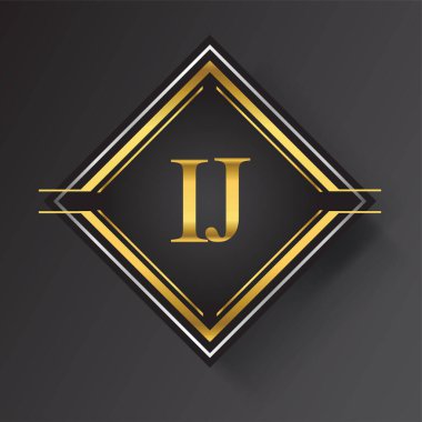 Kare şeklinde altın ve gümüş renkli geometrik süslemeli IJ Harf logosu. İş veya şirket kimliğiniz için vektör tasarımı şablonu ögeleri.