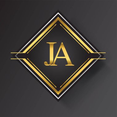 Kare şeklinde altın ve gümüş renkli geometrik süslemeli JA Harfi logosu. İş veya şirket kimliğiniz için vektör tasarımı şablonu ögeleri.