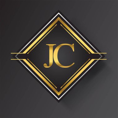 Kare şeklinde altın ve gümüş renkli geometrik süslemeli JC Harf logosu. İş veya şirket kimliğiniz için vektör tasarımı şablonu ögeleri.