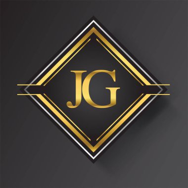Kare şeklinde altın ve gümüş renkli geometrik süslemeli JG Harf logosu. İş veya şirket kimliğiniz için vektör tasarımı şablonu ögeleri.