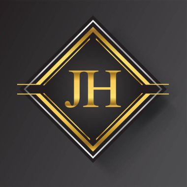 Kare şeklinde altın ve gümüş renkli geometrik süslemeli JH Harf logosu. İş veya şirket kimliğiniz için vektör tasarımı şablonu ögeleri.