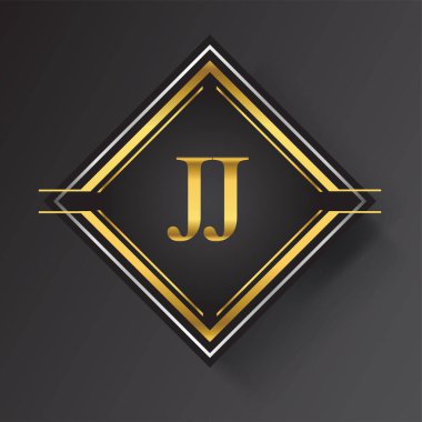 Kare şeklinde altın ve gümüş renkli geometrik süslemeli JJ Harf logosu. İş veya şirket kimliğiniz için vektör tasarımı şablonu ögeleri.