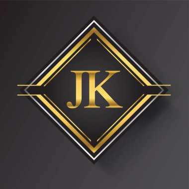 Kare şeklinde altın ve gümüş renkli geometrik süslemeli JK Harf logosu. İş veya şirket kimliğiniz için vektör tasarımı şablonu ögeleri.