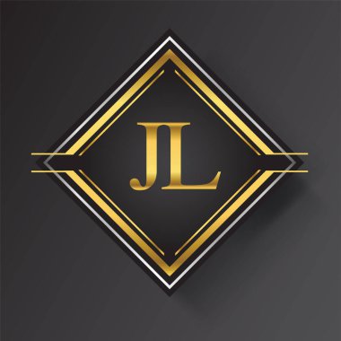 Kare şeklinde altın ve gümüş renkli geometrik süslemeli JL Harf logosu. İş veya şirket kimliğiniz için vektör tasarımı şablonu ögeleri.