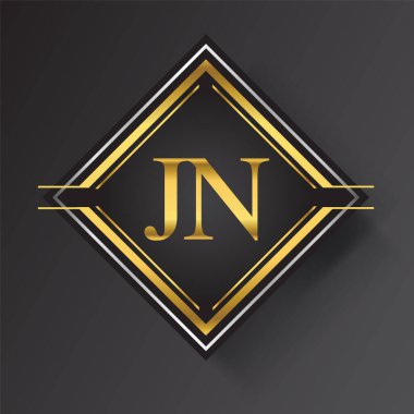 Kare şeklinde altın ve gümüş renkli geometrik süslemeli JN Letter logosu. İş veya şirket kimliğiniz için vektör tasarımı şablonu ögeleri.