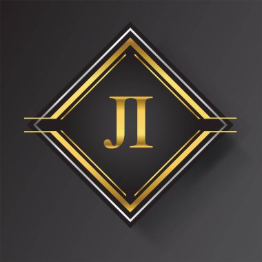 Kare şeklinde altın ve gümüş renkli geometrik süslemeli JI Letter logosu. İş veya şirket kimliğiniz için vektör tasarımı şablonu ögeleri.