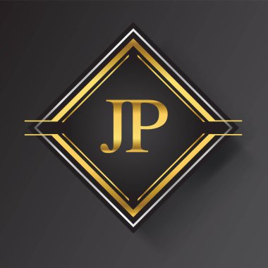 Kare şeklinde altın ve gümüş renkli geometrik süslemeli JP Harf logosu. İş veya şirket kimliğiniz için vektör tasarımı şablonu ögeleri.