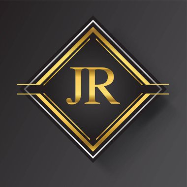 Kare şeklinde altın ve gümüş renkli geometrik süslemeli JR Letter logosu. İş veya şirket kimliğiniz için vektör tasarımı şablonu ögeleri.