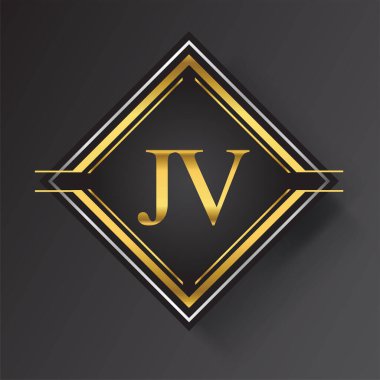 Kare şeklinde altın ve gümüş renkli geometrik süslemeli JV Harf logosu. İş veya şirket kimliğiniz için vektör tasarımı şablonu ögeleri.