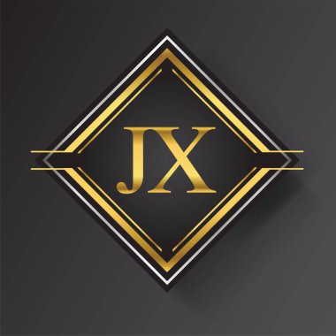 Kare şeklinde altın ve gümüş renkli geometrik süslemeli JX Harf logosu. İş veya şirket kimliğiniz için vektör tasarımı şablonu ögeleri.