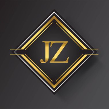 Kare şeklinde altın ve gümüş renkli geometrik süslemeli JZ Harf logosu. İş veya şirket kimliğiniz için vektör tasarımı şablonu ögeleri.