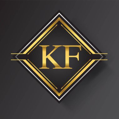 KF Harfi logosu kare şeklinde altın ve gümüş renkli geometrik süsler. İş veya şirket kimliğiniz için vektör tasarımı şablonu ögeleri.
