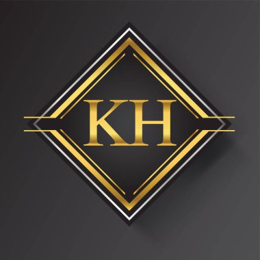KH Harf logosu kare şeklinde altın ve gümüş renkli geometrik süsler. İş veya şirket kimliğiniz için vektör tasarımı şablonu ögeleri.