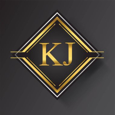 KJ Harf logosu kare şeklinde altın ve gümüş renkli geometrik süsler. İş veya şirket kimliğiniz için vektör tasarımı şablonu ögeleri.